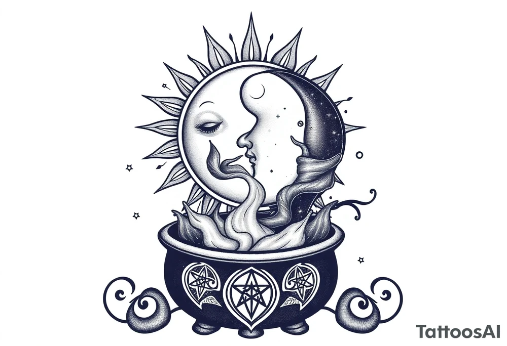 celestial sun and moon with constellation patterns runes in galaxy coming out of witch cauldron tattoo idea