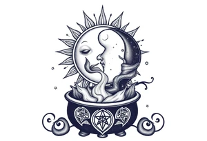 celestial sun and moon with constellation patterns runes in galaxy coming out of witch cauldron tattoo idea