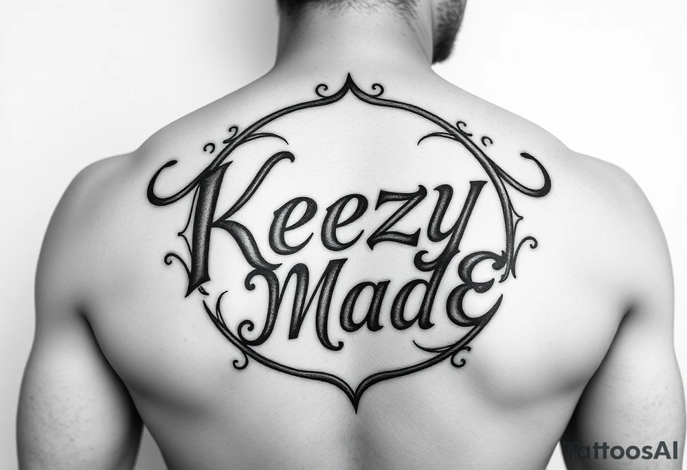 Nothing but lettersfancy but rugged twisted and intertwined circular arched curvy lettering in a circular  that would be clothing brand style that says (KeezY MadE) tattoo idea
