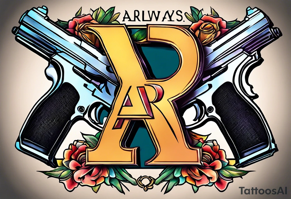 The letters AR with a pistol on each side and the word always on the top and ready on the bottom tattoo idea