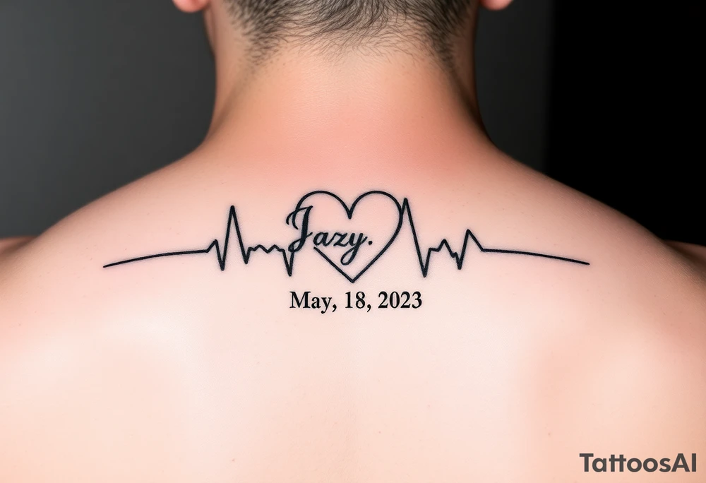 faded heart beat outline for a deceased best friend with the name Jazy and the date May 4, 2023 incorporated tattoo idea
