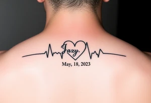 faded heart beat outline for a deceased best friend with the name Jazy and the date May 4, 2023 incorporated tattoo idea