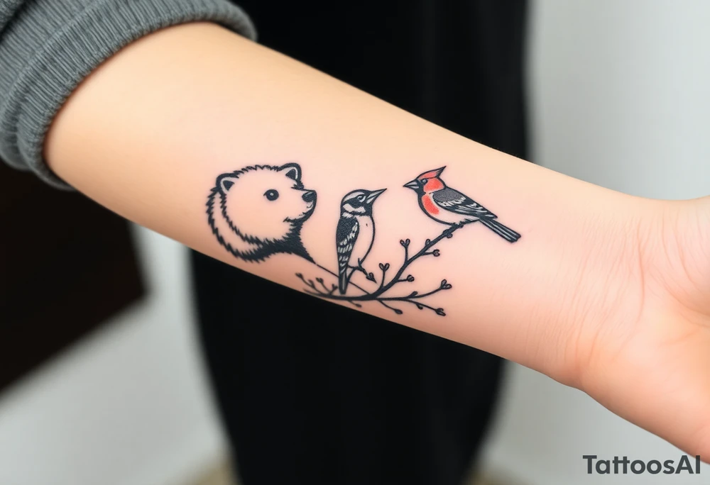 A bear, woodpecker and cardinal tattoo idea