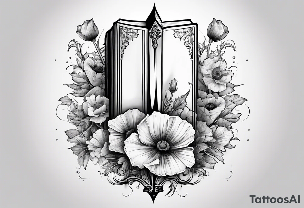 A book with a dagger surrounded by poppies tattoo idea A book with a dagger surrounded by poppies tattoo idea