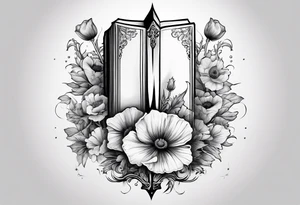 A book with a dagger surrounded by poppies tattoo idea