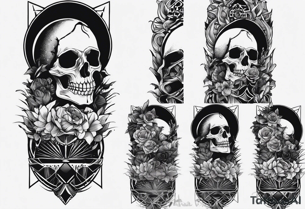 diseña un tatuaje que incluya un cuervo, algo de carácter táctico, con una imagen mas bien abstracta y la palabra memento mori, que el diseño sea sencillo, mas bien lineal. tattoo idea