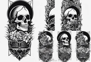 diseña un tatuaje que incluya un cuervo, algo de carácter táctico, con una imagen mas bien abstracta y la palabra memento mori, que el diseño sea sencillo, mas bien lineal. tattoo idea