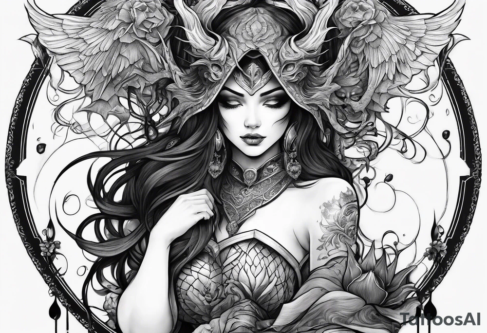 Demon embracing a girl with a power reader over 9000 tattoo idea