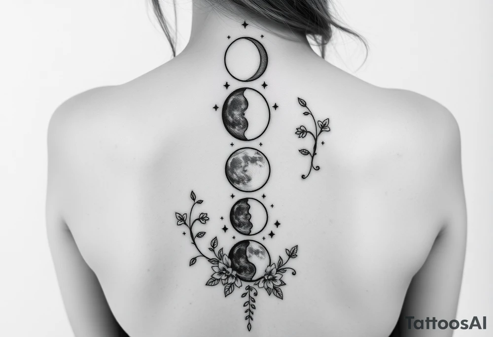 new moon, waxing crescent, first quarter, waxing gibbous, full moon, waning gibbous, last quarter, and waning crescent going down the spine vertically each represent different phases of the moon individually with flowers and vines and stars around it going up and down the sides 
Like the 4th one but more vines on the sides tattoo idea