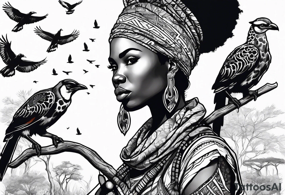 African woman warrior holding a spear with birds in the background and giraffe tattoo idea