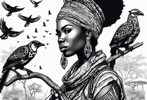 African woman warrior holding a spear with birds in the background and giraffe tattoo idea