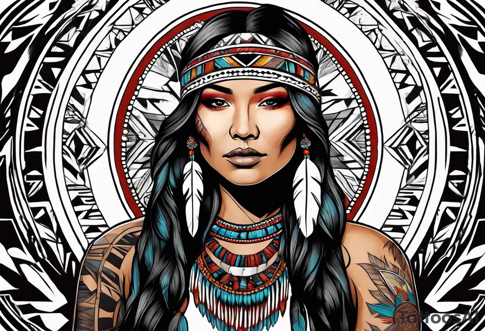 Native American woman  full body with buffalo blanket tattoo idea