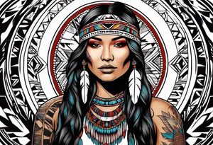 Native American woman  full body with buffalo blanket tattoo idea