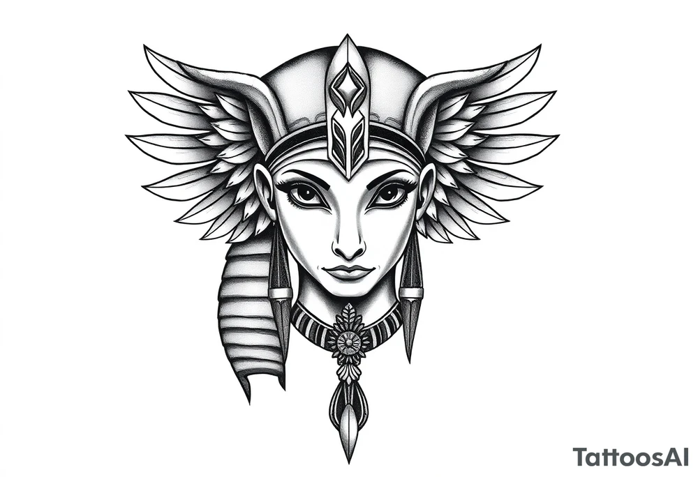 Tatuagem egípcia feminina detalhada, representando o deus egipicio Horus na sua representação animal de falcão segundo a mitologica egipicio, com adornos e simbolos tradicionais egípicios, a figura está em posição frontal, com detalhes hieroglíficos sutis ao redor, integrados harmonicamente. Fundo minimalista, inspirado em papiro antigo, com tons terrosos suaves. Estilo artístico com traços finos, sombra leve para destacar volume, ideal para a parte frontal da canela, transmitindo elegância e misticismo. tattoo idea
