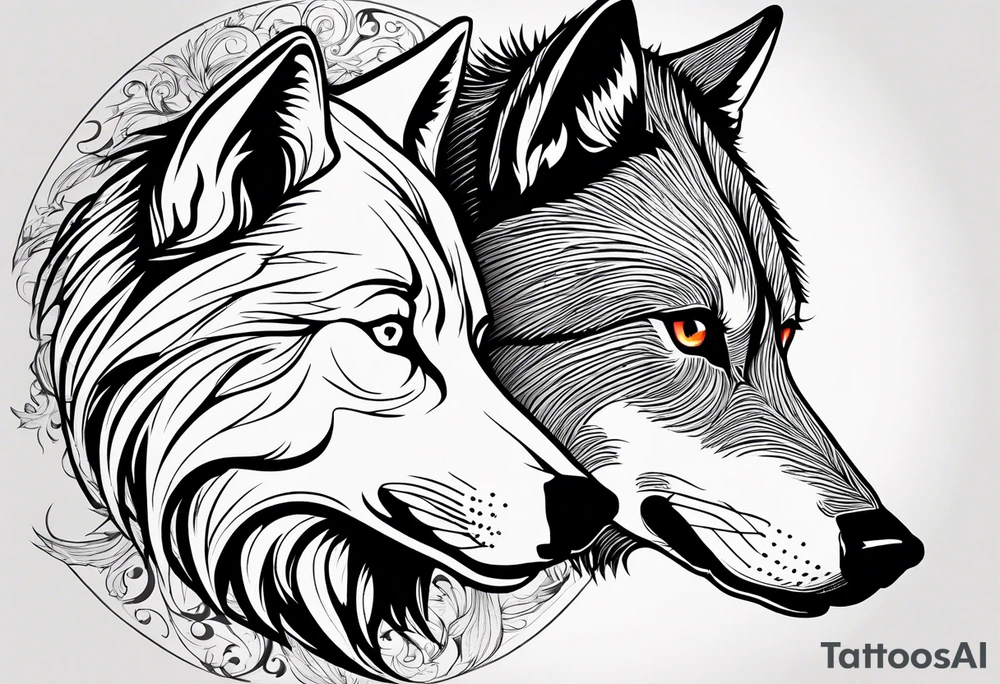 Two wolves. One bad wolf and one Good wolf. Make bad wolf very mean. Make good wolf very serene and happy. tattoo idea