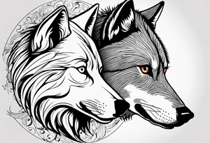 Two wolves. One bad wolf and one Good wolf. Make bad wolf very mean. Make good wolf very serene and happy. tattoo idea