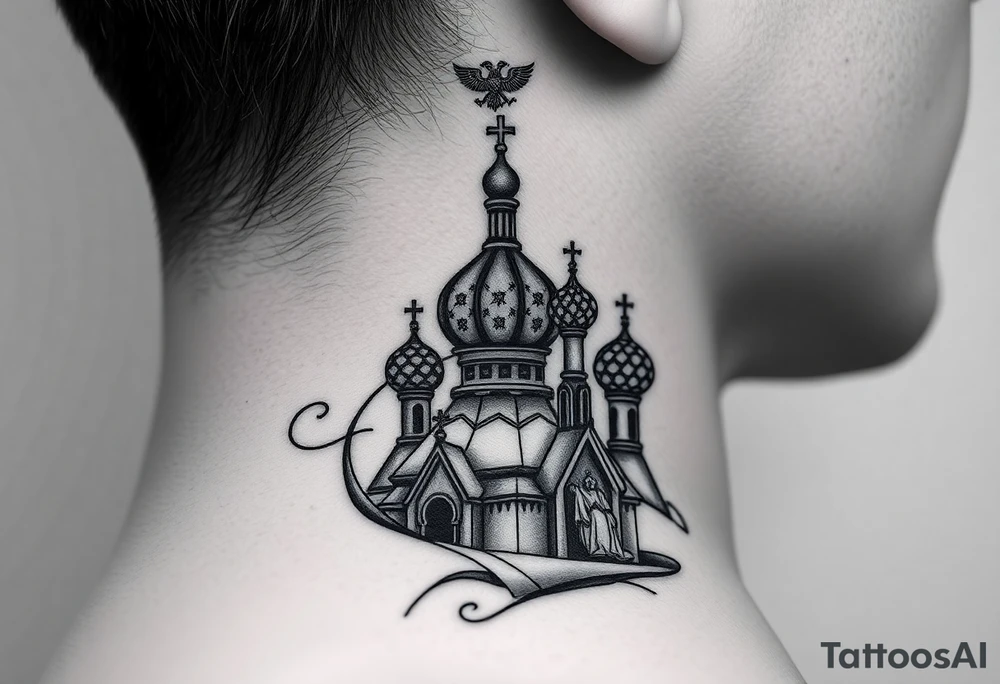 Flowing Scene

A onion domes orthodox church
Virgin Mary in prayer pose wrapping around the lower neck curve
A small double headed russian coat of arms eagle or just the star tucked above the dome near the hairline tattoo idea