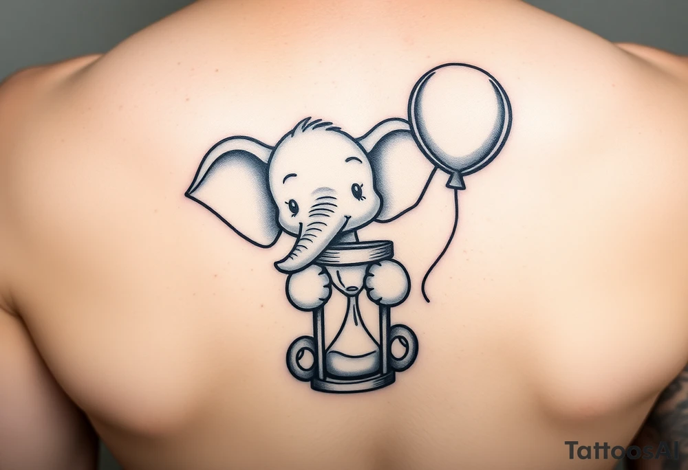 Baby elephant next to hour glass holding autism balloon tattoo idea