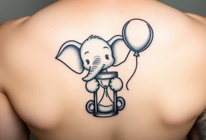 Baby elephant next to hour glass holding autism balloon tattoo idea