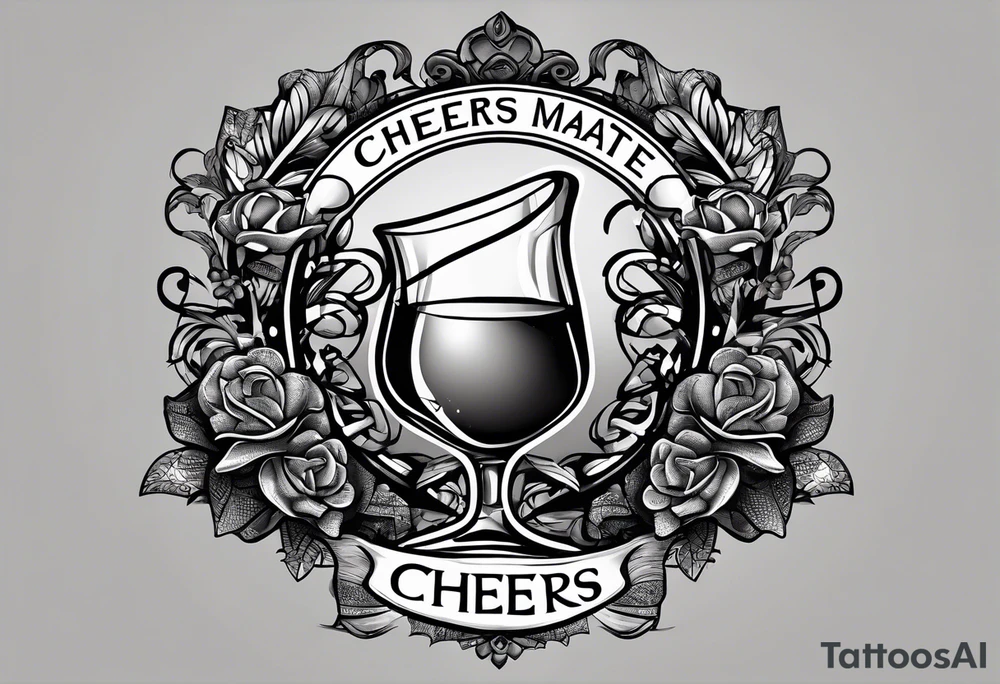 "Cheers Mate" text black and grey ink armband, intricate, artistic +abstract +grey Cancer Ribbon tattoo idea