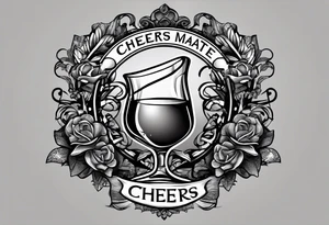"Cheers Mate" text black and grey ink armband, intricate, artistic +abstract +grey Cancer Ribbon tattoo idea