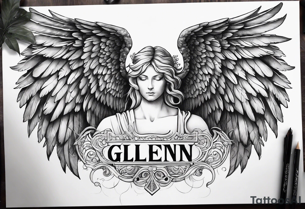 Angel Wings with the word Glenn in the middle tattoo idea