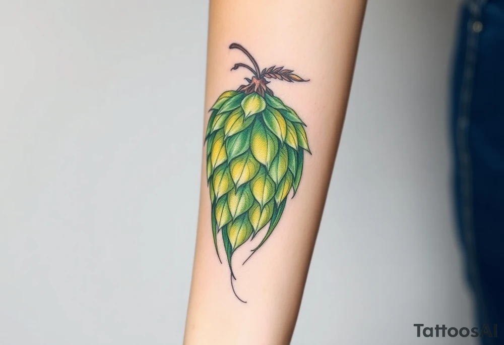 A detailed hop cone with deep green and golden hues, wrapped in barley stalks, symbolizing the essence of brewing tattoo idea