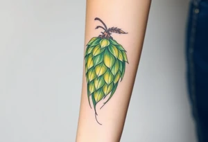 A detailed hop cone with deep green and golden hues, wrapped in barley stalks, symbolizing the essence of brewing tattoo idea