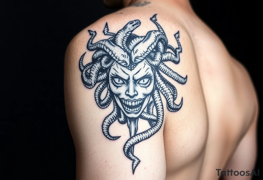 female Medusa Head containing snakes and surrounded by lightnings in sketch style, black color and on the outer forearm tattoo idea