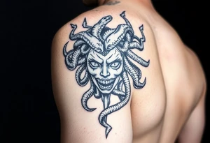 female Medusa Head containing snakes and surrounded by lightnings in sketch style, black color and on the outer forearm tattoo idea