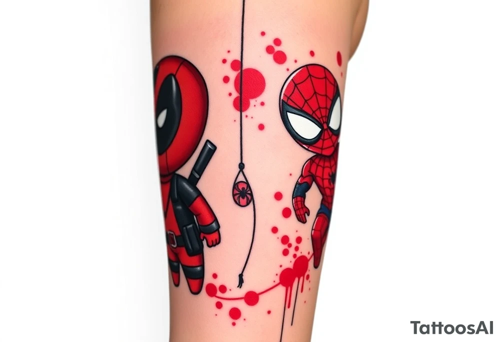 Project: Upper Arm Half-Sleeve Tattoo (Chibi Marvel Duo)
Placement: Upper Arm (Shoulder cap down to just above the elbow)
Reference Images: Chibi Deadpool (Image 1) and Chibi Spider-Man (Image 2)
Design Request & Layout:
* Please stack the characters dynamically to fit my upper arm. I'd like Deadpool positioned near the top/shoulder cap, and Spider-Man sitting near the bottom/above the elbow.
* Use the dangling spider and its web thread, along with loose, energetic construction lines, to transition between the two characters and wrap the design around the arm.
Art & Color Style:
* Linework: Please harmonize both characters into a singular, unified style—blending Deadpool's clean comic ink lines with Spider-Man's raw, cross-hatched sketchbook aesthetic.
* Color: The base of the tattoo should be gritty black-and-grey sketch shading. However, I want vibrant pops of red on their suits.
* The Splatter Effect: Instead of keeping the red cleanly inside the lines, please style the red color as a loose, dynamic watercolor/ink splatter effect that bursts out past their outlines and fades into the negative skin space. tattoo idea