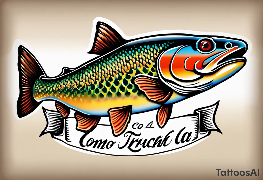 A small tattoo with a shaded trout and text that says, 'Como la trucha...' drawn with fine lines." tattoo idea