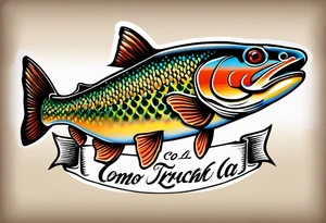 A small tattoo with a shaded trout and text that says, 'Como la trucha...' drawn with fine lines." tattoo idea