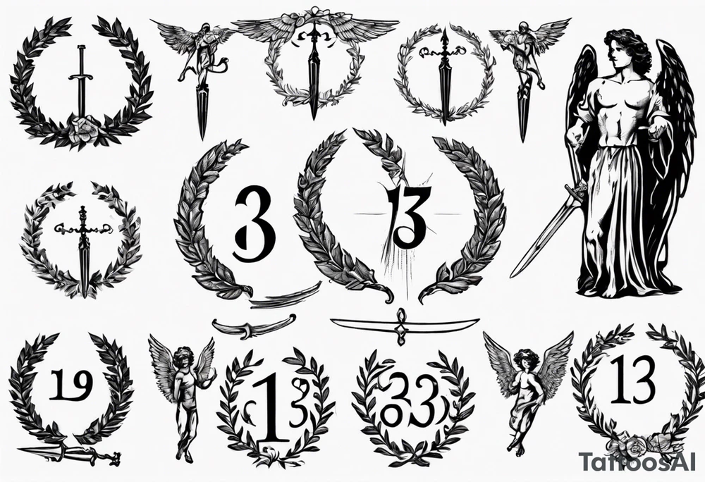 number 13, a laurel leaf wreath, and a Male angel holding sword tattoo idea