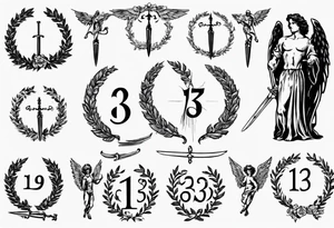 number 13, a laurel leaf wreath, and a Male angel holding sword tattoo idea