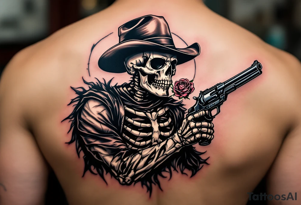 a full body skeleton cowboy gunslinger with a rose in his mouth. tattoo idea