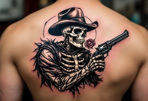 a full body skeleton cowboy gunslinger with a rose in his mouth. tattoo idea