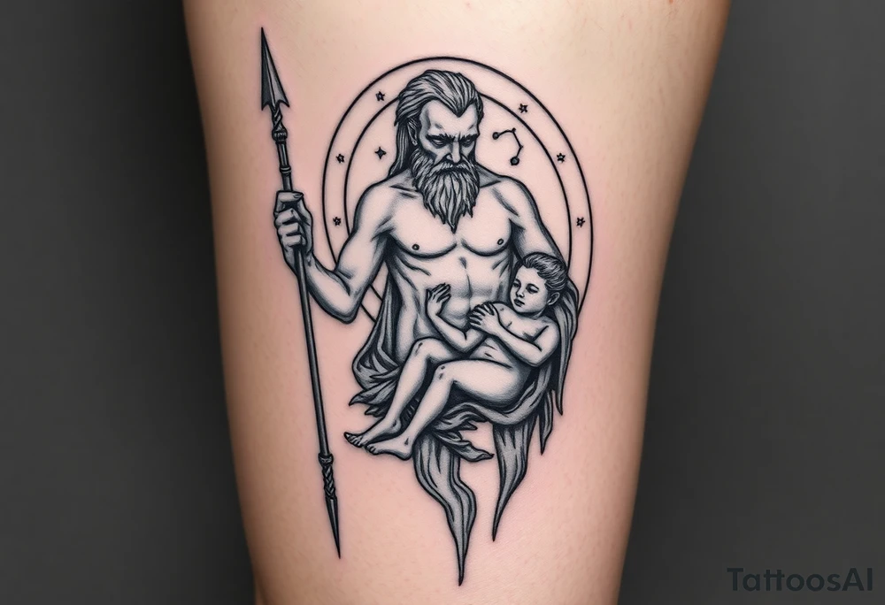 a tattoo design of the Greek God Saturn but older and nearly dying holding his spear, in his other arms cradling a twin dying younger version of himself. The gemini constellation is in the background behind the Saturn Gods. Long vertical form as this will be on a thigh - include the planet Saturn rings going round the design tattoo idea