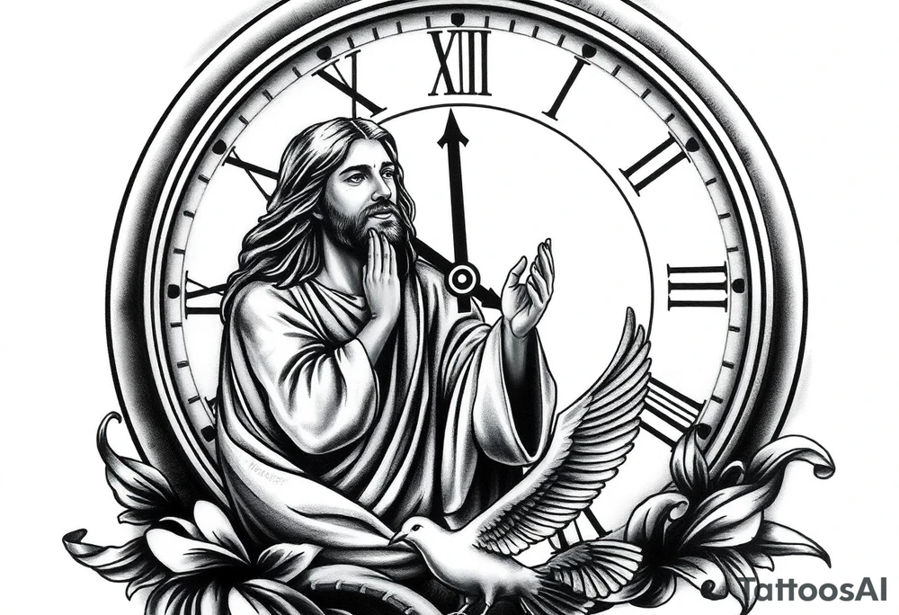 Clock in background, jesus praying, the creation of adam, dove in the bottom of the tattoo tattoo idea