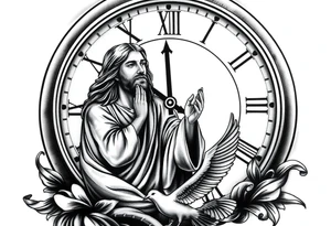 Clock in background, jesus praying, the creation of adam, dove in the bottom of the tattoo tattoo idea