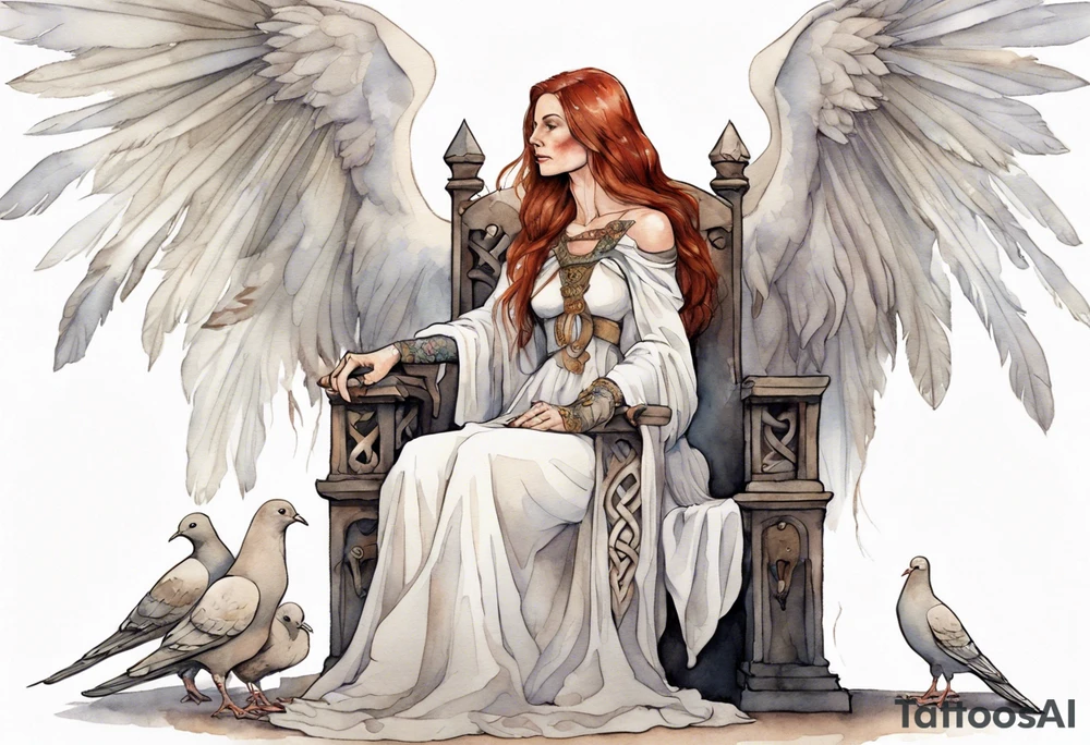 a 45-year-old medieval woman with auburn hair wearing a white feather cloak sitting on a throne with one dove on her shoulder tattoo idea