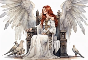 a 45-year-old medieval woman with auburn hair wearing a white feather cloak sitting on a throne with one dove on her shoulder tattoo idea