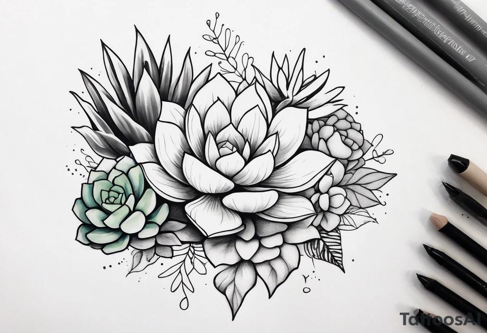 fine line. one big succulent in the middle. Two smaller succulents on the side. Dots and floral
. Sternum tattoo grey scale shading tattoo idea