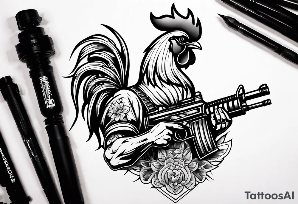 anime rooster holding a machine gun tattoo idea