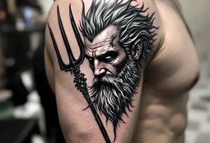 close-up gentle poseidon behind a trident tattoo idea