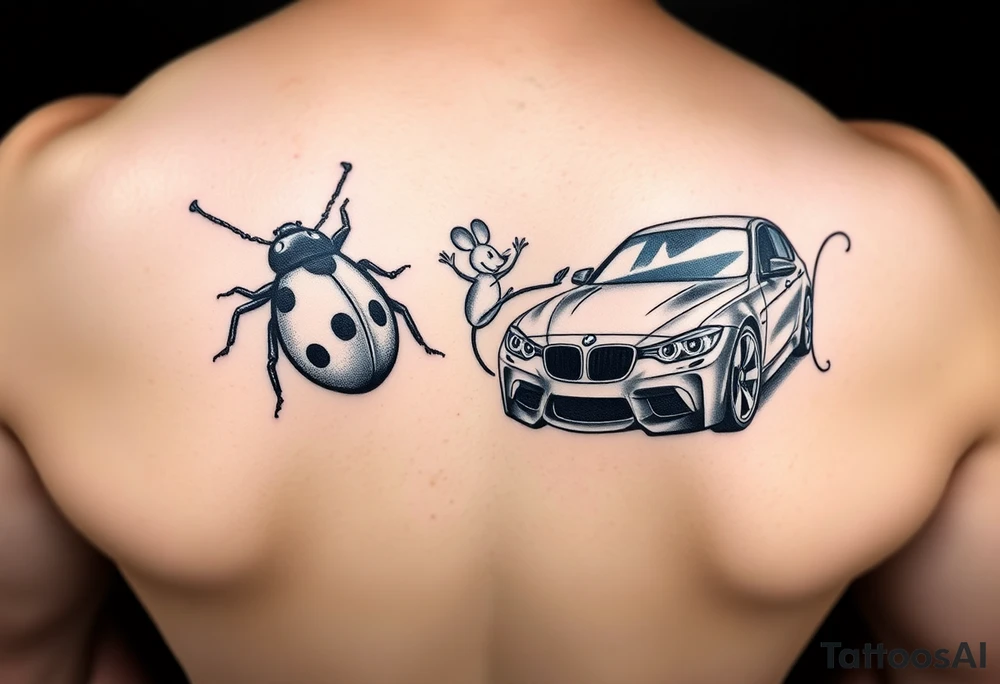 Incorporate lady bug and mouse and cars into two styles for me and my boyfriend. He like low rider cars and i like bmw tattoo idea