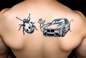 Incorporate lady bug and mouse and cars into two styles for me and my boyfriend. He like low rider cars and i like bmw tattoo idea