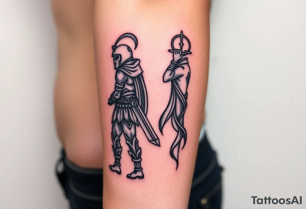 Warrior and Peace standing back to back tattoo idea