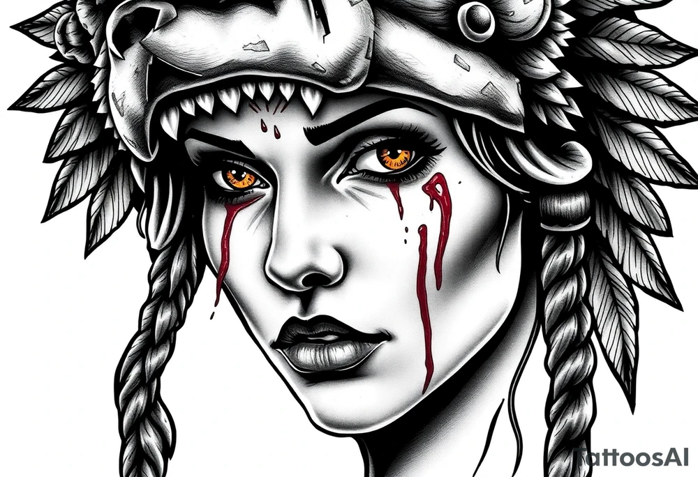 Beautiful Womans with colored eyes, shedding a tear, with battle scars and blood on face, wearing a mean looking bear headdress on head tattoo idea