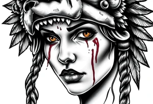 Beautiful Womans with colored eyes, shedding a tear, with battle scars and blood on face, wearing a mean looking bear headdress on head tattoo idea